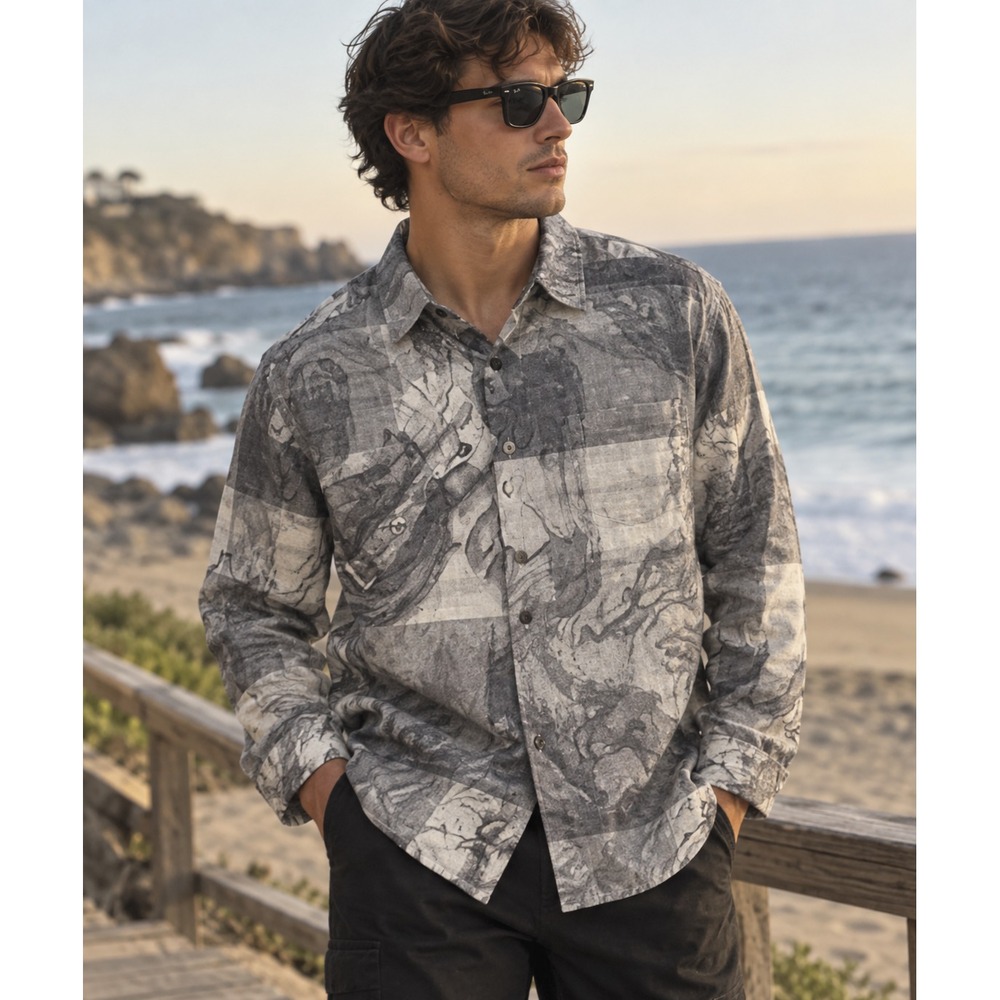Xacus Italy Linen Shirt Mens L Gray Abstract Button Up Lightweight Casual